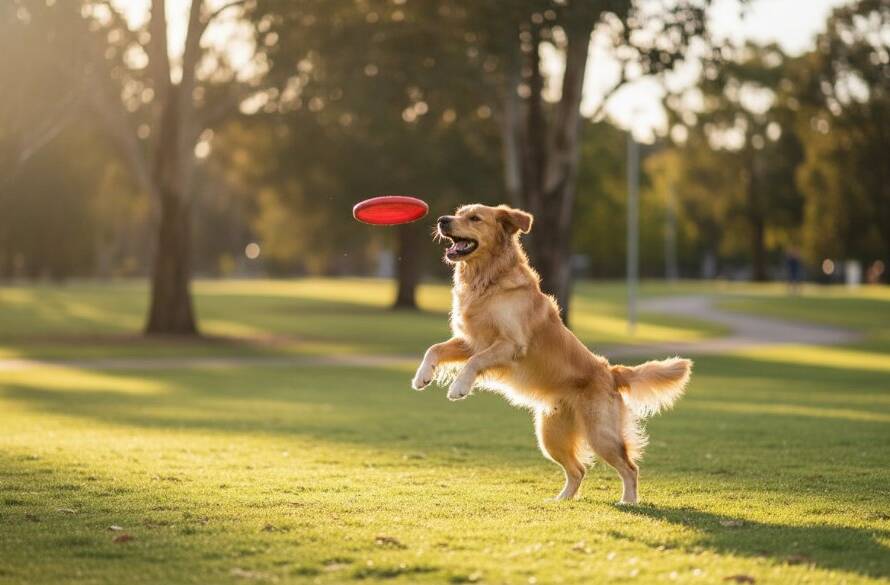 A vibrant, emotionally rich photograph capturing candid pet photography Albion capturing joyous paw prints, featuring a golden retriever mid-leap, fetching a tennis ball at Selwyn Park, bathed in golden hour light, with a blurred backdrop of native Australian trees, exuding pure canine joy and dynamic energy.