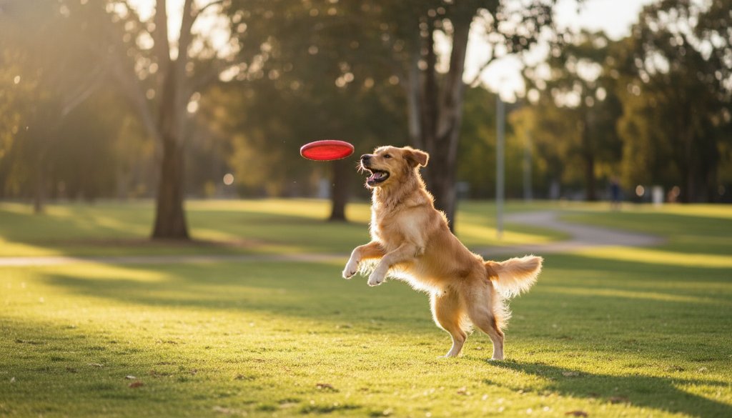 A vibrant, emotionally rich photograph capturing candid pet photography Albion capturing joyous paw prints, featuring a golden retriever mid-leap, fetching a tennis ball at Selwyn Park, bathed in golden hour light, with a blurred backdrop of native Australian trees, exuding pure canine joy and dynamic energy.