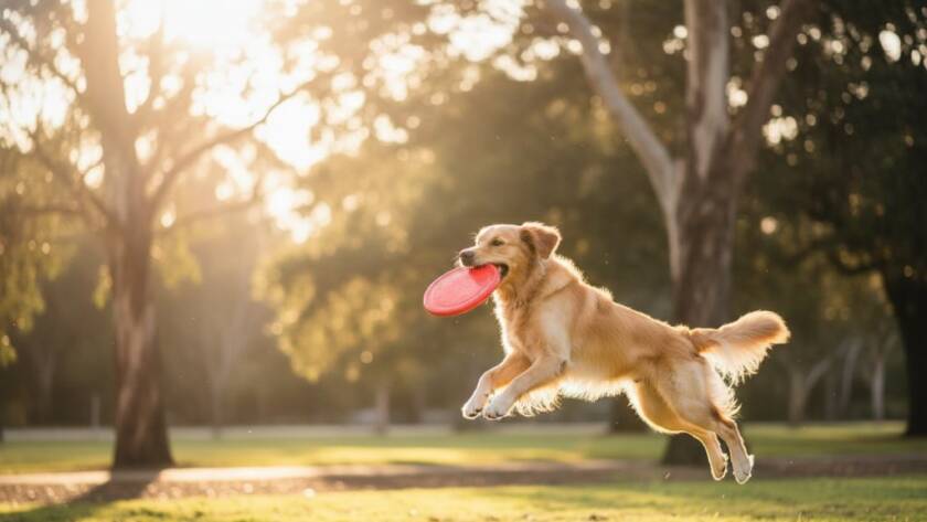 A joyful golden retriever mid-leap, catching a frisbee in a sun-drenched Balwyn park, showcasing candid pet photography in Balwyn Victoria with dramatic backlighting and a blurred leafy background.