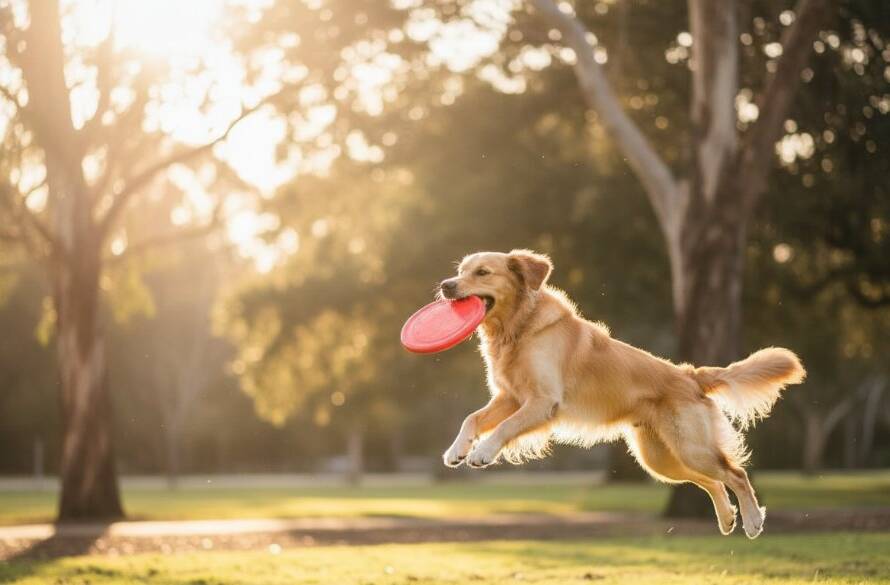 A joyful golden retriever mid-leap, catching a frisbee in a sun-drenched Balwyn park, showcasing candid pet photography in Balwyn Victoria with dramatic backlighting and a blurred leafy background.