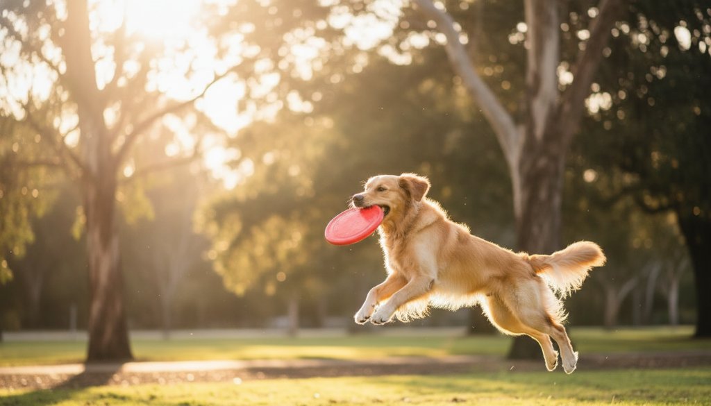 A joyful golden retriever mid-leap, catching a frisbee in a sun-drenched Balwyn park, showcasing candid pet photography in Balwyn Victoria with dramatic backlighting and a blurred leafy background.