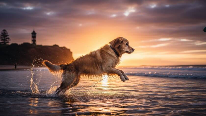 A golden retriever joyfully leaping through shallow waves at sunset on Black Rock beach, Victoria, capturing the essence of candid pet photography Black Rock beach Victoria with dramatic light and vibrant colours.