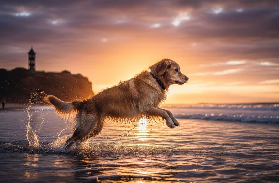 A golden retriever joyfully leaping through shallow waves at sunset on Black Rock beach, Victoria, capturing the essence of candid pet photography Black Rock beach Victoria with dramatic light and vibrant colours.