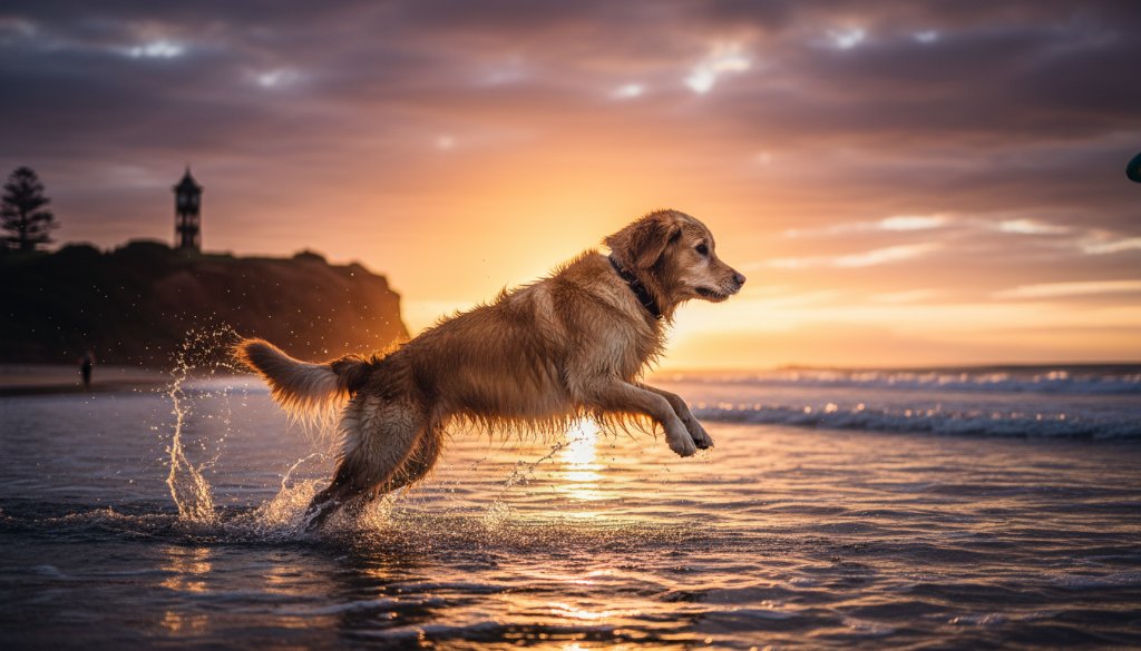 A golden retriever joyfully leaping through shallow waves at sunset on Black Rock beach, Victoria, capturing the essence of candid pet photography Black Rock beach Victoria with dramatic light and vibrant colours.