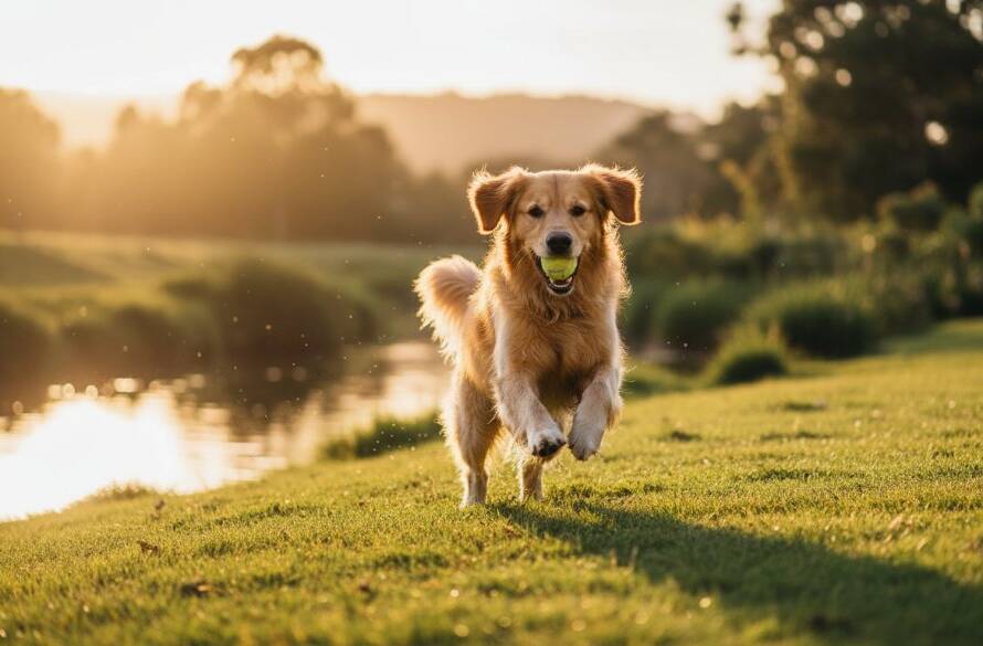 An epic moment of joyful candid pet photography Bulleen Yarra trail moments, featuring a golden retriever mid-leap over a fallen log with the sun setting behind the Yarra River, professional color grading, dramatic lighting, capturing pure canine exuberance.