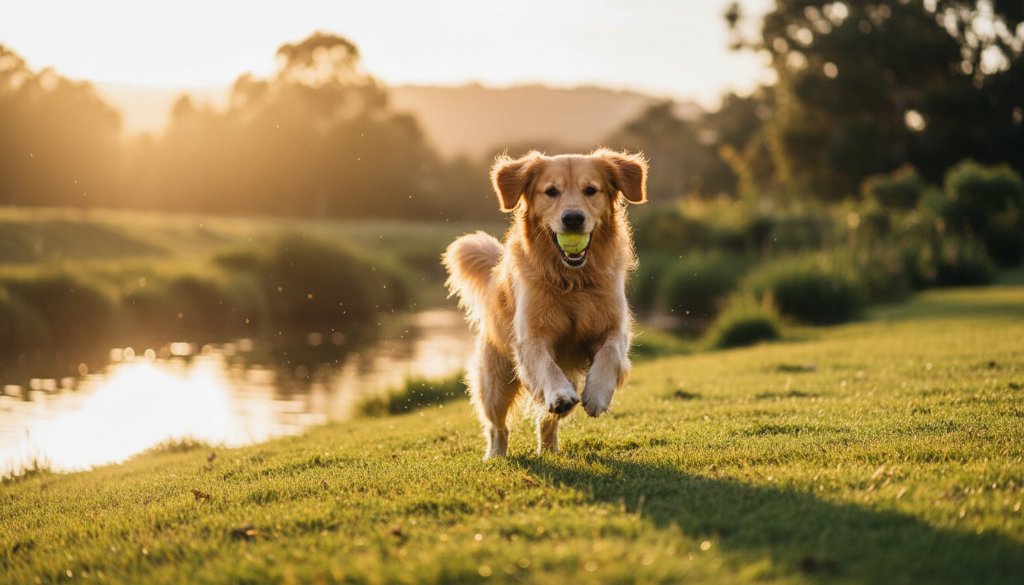 An epic moment of joyful candid pet photography Bulleen Yarra trail moments, featuring a golden retriever mid-leap over a fallen log with the sun setting behind the Yarra River, professional color grading, dramatic lighting, capturing pure canine exuberance.