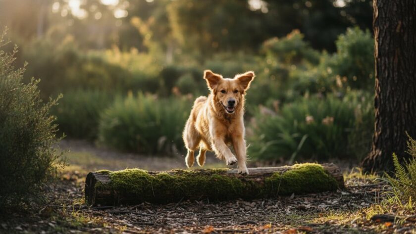 An epic moment of joyful candid pet photography Canadian Victoria, featuring a golden retriever mid-leap over a fallen log in a sun-dappled forest, ears flopping, pure happiness radiating, professional photography.