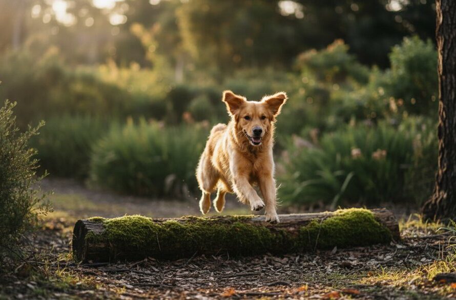 An epic moment of joyful candid pet photography Canadian Victoria, featuring a golden retriever mid-leap over a fallen log in a sun-dappled forest, ears flopping, pure happiness radiating, professional photography.