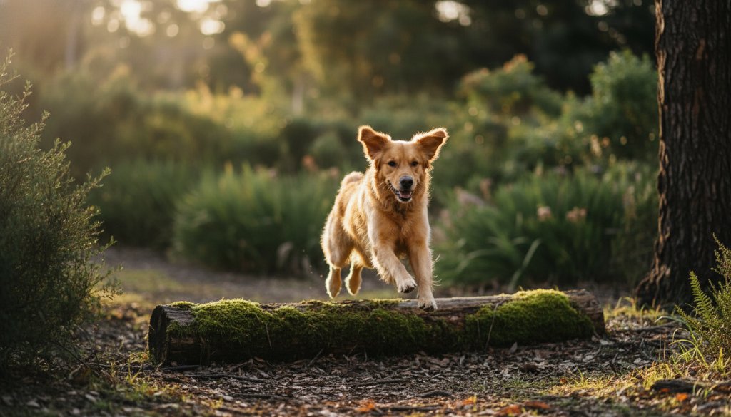 An epic moment of joyful candid pet photography Canadian Victoria, featuring a golden retriever mid-leap over a fallen log in a sun-dappled forest, ears flopping, pure happiness radiating, professional photography.