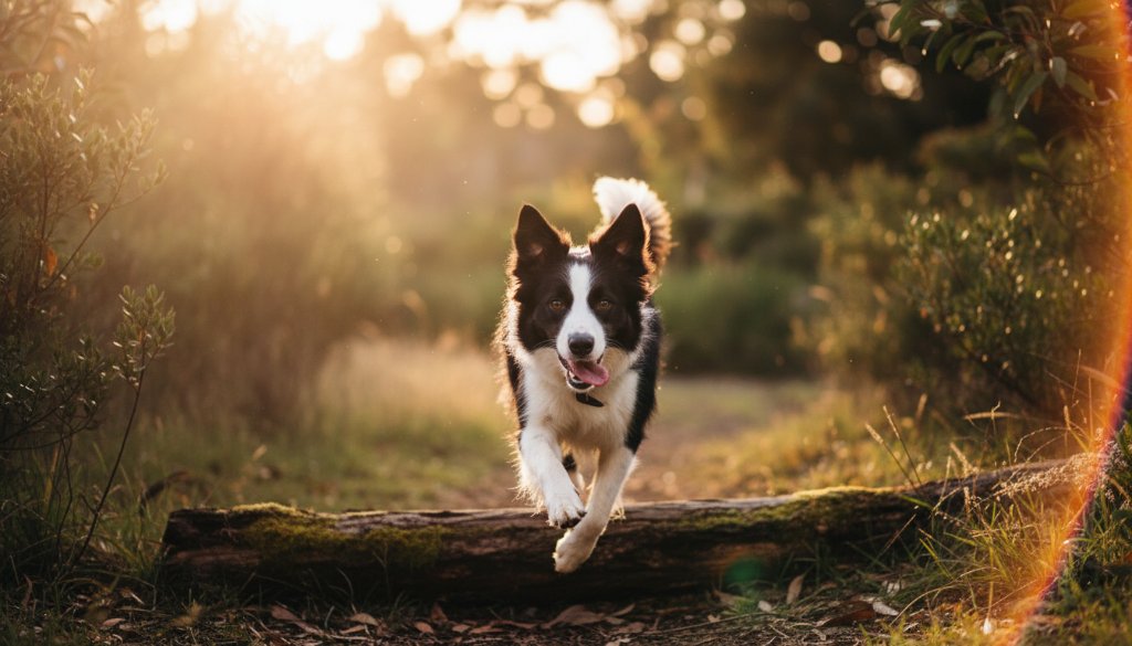 A heartwarming, candid pet photography scene in Croydon South, featuring a golden retriever joyfully bounding through a sun-drenched park, leaves scattering as it chases a ball, capturing an epic moment of pure canine bliss with dynamic motion blur.