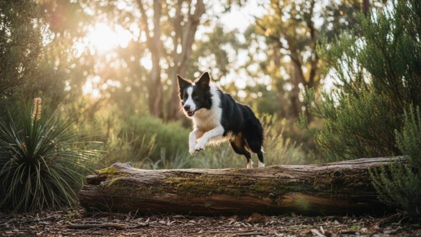 A heartwarming and dramatic photograph capturing a golden retriever mid-leap, joyfully playing fetch in a sun-drenched field near Cranbourne's Botanic Gardens, showcasing a candid pet photography experience Cranbourne.