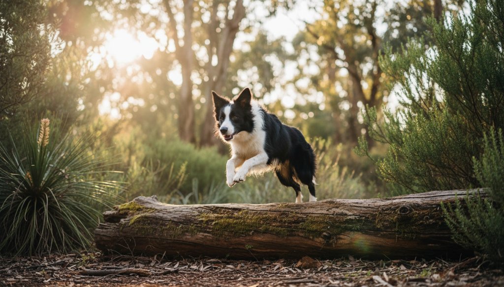 A heartwarming and dramatic photograph capturing a golden retriever mid-leap, joyfully playing fetch in a sun-drenched field near Cranbourne's Botanic Gardens, showcasing a candid pet photography experience Cranbourne.