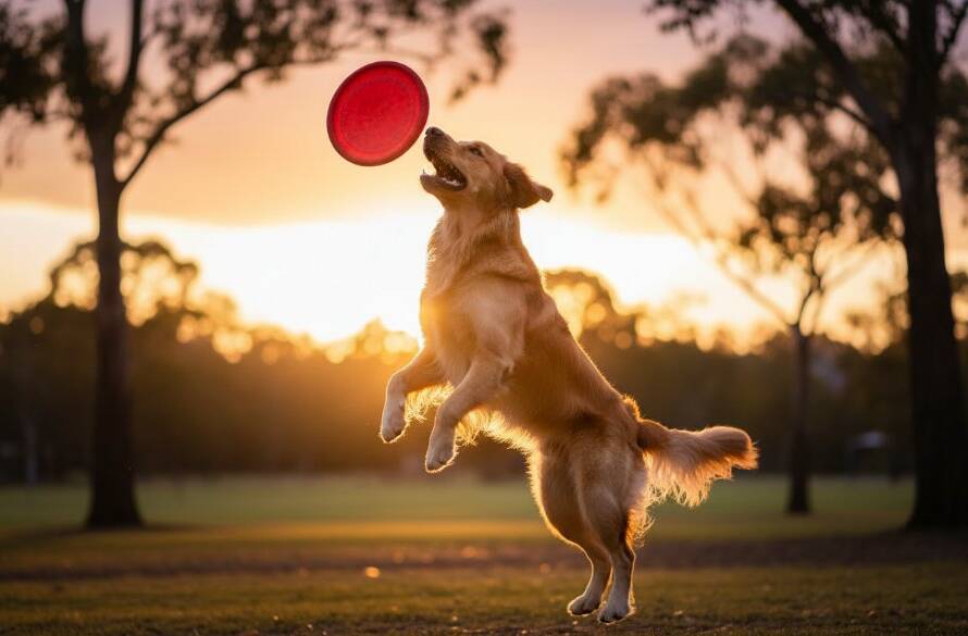 A golden retriever, mid-leap with immense joy, fetching a ball in a sun-drenched park in Ringwood North, perfectly exemplifying candid pet photography Ringwood North with a professional, cinematic feel.