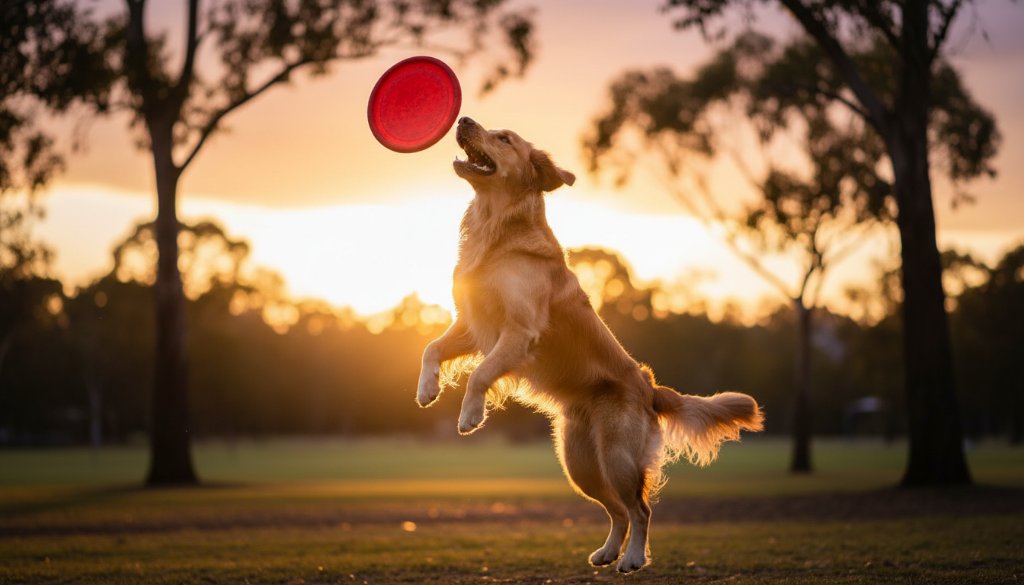 A golden retriever, mid-leap with immense joy, fetching a ball in a sun-drenched park in Ringwood North, perfectly exemplifying candid pet photography Ringwood North with a professional, cinematic feel.