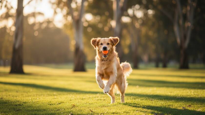 A joyful golden retriever mid-leap, catching a tennis ball in a sun-drenched Rowville park, showcasing an epic moment of candid pet photography in Rowville with dramatic golden hour lighting and bokeh.