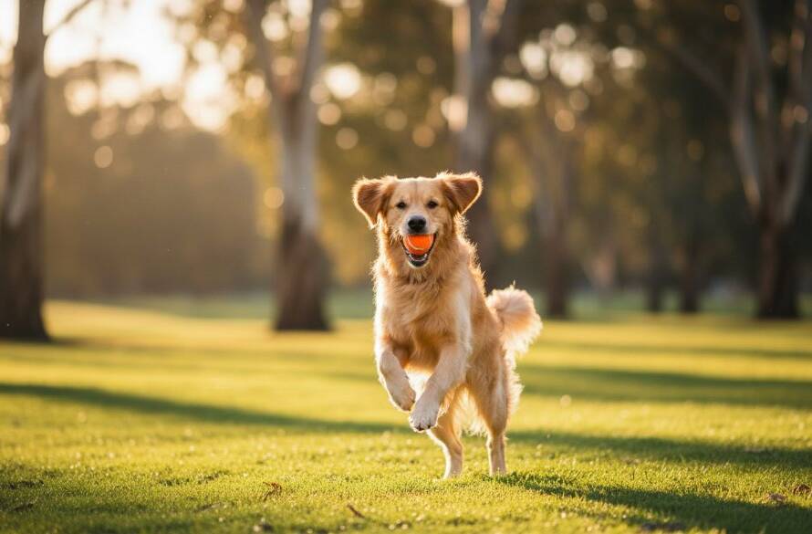 A joyful golden retriever mid-leap, catching a tennis ball in a sun-drenched Rowville park, showcasing an epic moment of candid pet photography in Rowville with dramatic golden hour lighting and bokeh.