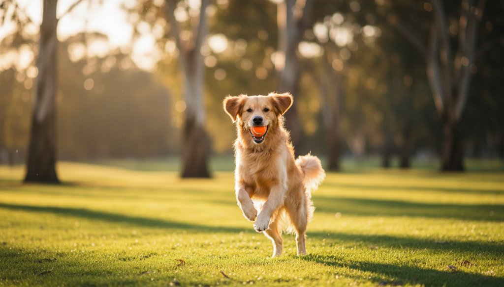 A joyful golden retriever mid-leap, catching a tennis ball in a sun-drenched Rowville park, showcasing an epic moment of candid pet photography in Rowville with dramatic golden hour lighting and bokeh.