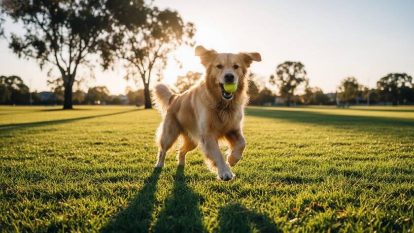An energetic golden retriever mid-leap, catching a frisbee in golden hour light at a park in Sunshine North, epitomising joyful candid pet photography sessions.