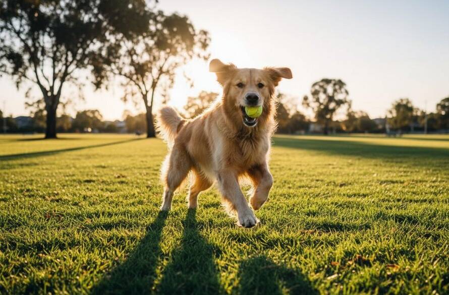 An energetic golden retriever mid-leap, catching a frisbee in golden hour light at a park in Sunshine North, epitomising joyful candid pet photography sessions.