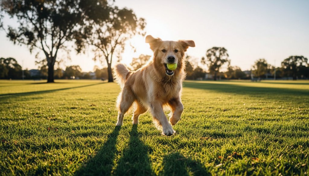 An energetic golden retriever mid-leap, catching a frisbee in golden hour light at a park in Sunshine North, epitomising joyful candid pet photography sessions.