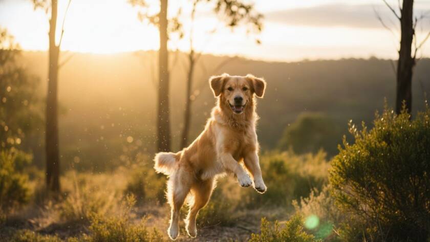 A majestic golden retriever captured in a moment of pure joy, bounding through the sun-dappled bushland of The Basin, Victoria, its fur glowing, for a session of Candid Pet Photography The Basin Victoria, showcasing an 'epic moment' style.
