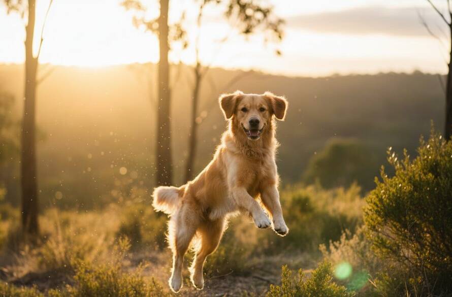 A majestic golden retriever captured in a moment of pure joy, bounding through the sun-dappled bushland of The Basin, Victoria, its fur glowing, for a session of Candid Pet Photography The Basin Victoria, showcasing an 'epic moment' style.