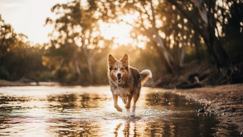 A golden retriever joyfully leaping through shallow water in the Yarra River, sunlight glinting off its fur, captured with candid pet photography Warrandyte riverside, conveying pure canine happiness.