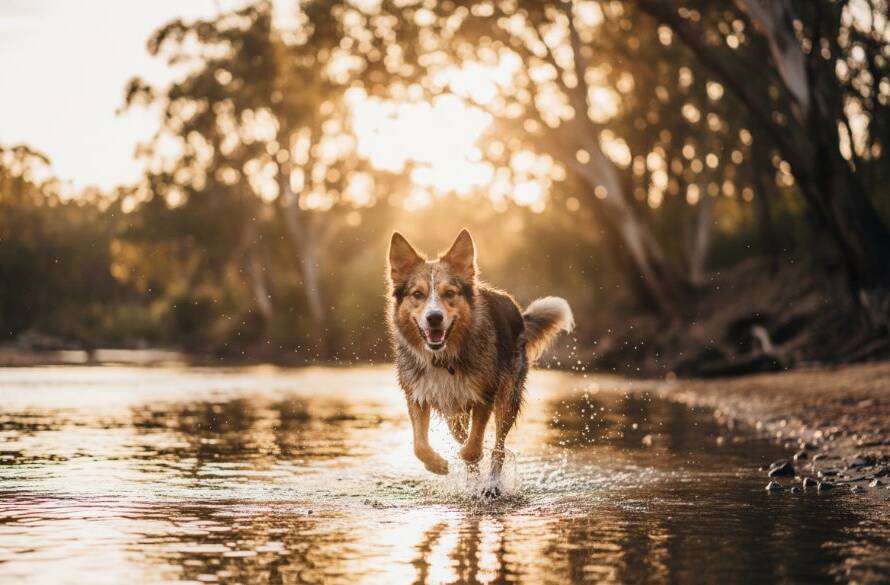 A golden retriever joyfully leaping through shallow water in the Yarra River, sunlight glinting off its fur, captured with candid pet photography Warrandyte riverside, conveying pure canine happiness.