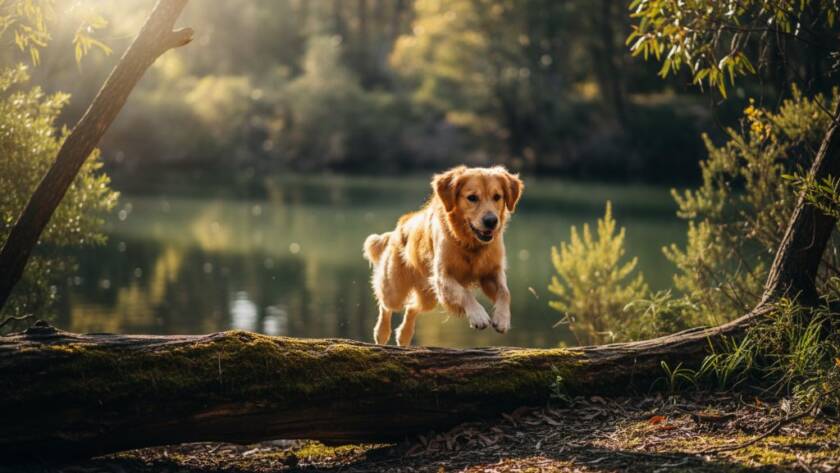 An epic moment of candid pet photography Warrandyte South bushland adventures, featuring a golden retriever joyfully leaping through sun-dappled tall native grasses, with the Yarra River in the soft background, professional colour grading.