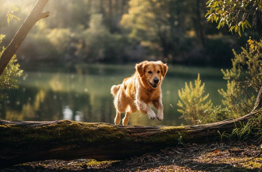 An epic moment of candid pet photography Warrandyte South bushland adventures, featuring a golden retriever joyfully leaping through sun-dappled tall native grasses, with the Yarra River in the soft background, professional colour grading.