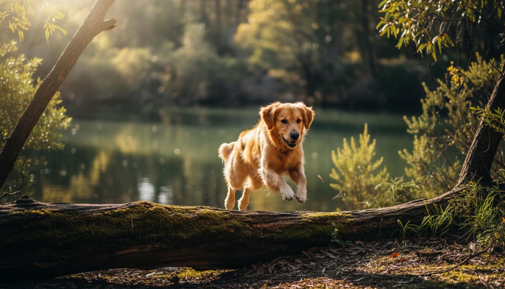 An epic moment of candid pet photography Warrandyte South bushland adventures, featuring a golden retriever joyfully leaping through sun-dappled tall native grasses, with the Yarra River in the soft background, professional colour grading.