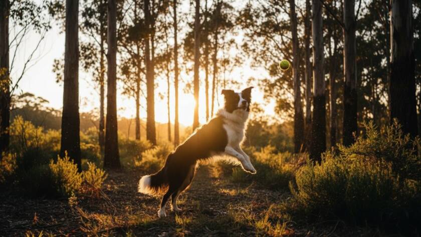 A golden retriever joyfully leaping through dappled sunlight in a lush Upper Ferntree Gully park, its fur glistening, perfectly embodying candid pet portraits Upper Ferntree Gully, captured in an epic, professional moment.