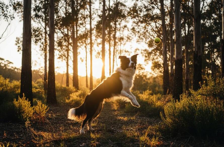 A golden retriever joyfully leaping through dappled sunlight in a lush Upper Ferntree Gully park, its fur glistening, perfectly embodying candid pet portraits Upper Ferntree Gully, captured in an epic, professional moment.