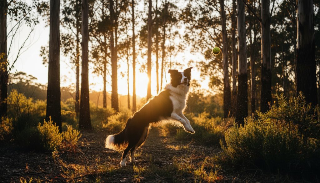 A golden retriever joyfully leaping through dappled sunlight in a lush Upper Ferntree Gully park, its fur glistening, perfectly embodying candid pet portraits Upper Ferntree Gully, captured in an epic, professional moment.