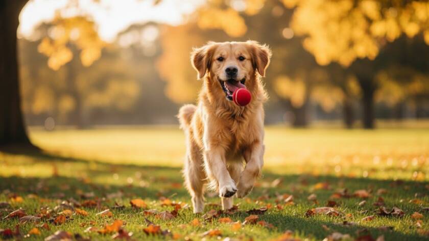 A heartwarming candid pet portraits Wantirna Victoria photo, capturing a golden retriever mid-leap, joyfully playing in a sun-dappled Wantirna park, with dramatic backlighting highlighting its fur and expression.