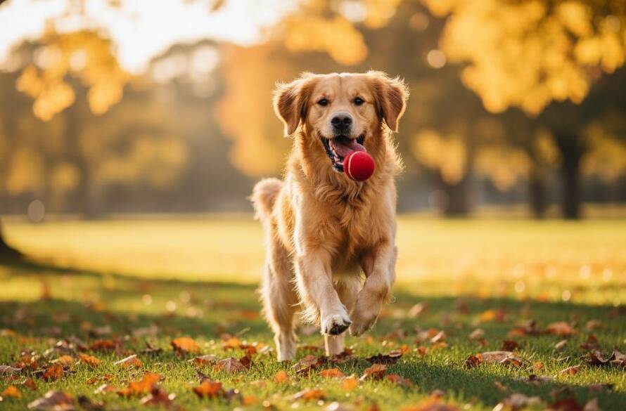 A heartwarming candid pet portraits Wantirna Victoria photo, capturing a golden retriever mid-leap, joyfully playing in a sun-dappled Wantirna park, with dramatic backlighting highlighting its fur and expression.