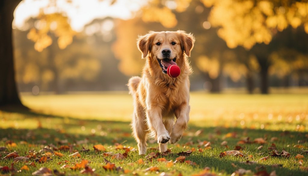 A heartwarming candid pet portraits Wantirna Victoria photo, capturing a golden retriever mid-leap, joyfully playing in a sun-dappled Wantirna park, with dramatic backlighting highlighting its fur and expression.