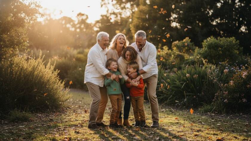 A vibrant, candid photography Cranbourne West capturing authentic joy of a family laughing spontaneously at Cranbourne West wetlands, bathed in warm golden hour light, portraying a genuine epic moment of connection.