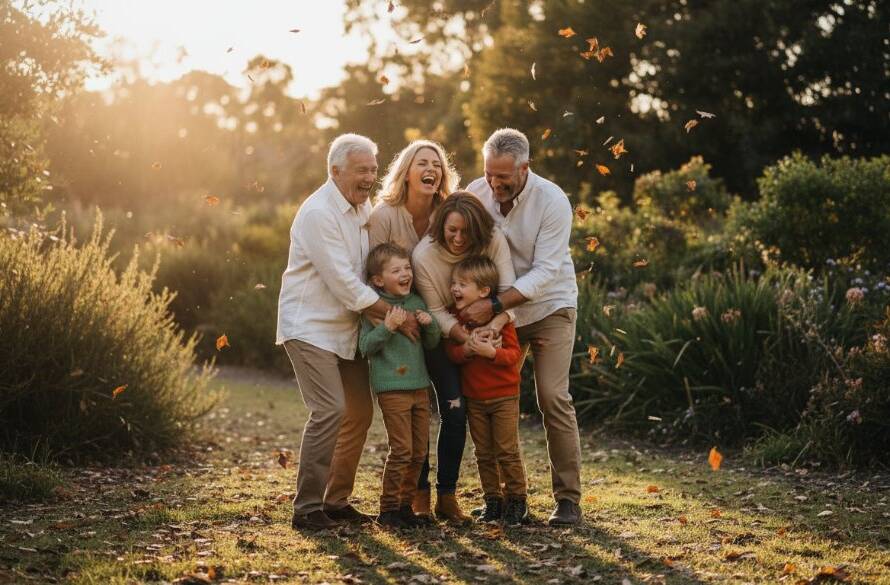 A vibrant, candid photography Cranbourne West capturing authentic joy of a family laughing spontaneously at Cranbourne West wetlands, bathed in warm golden hour light, portraying a genuine epic moment of connection.