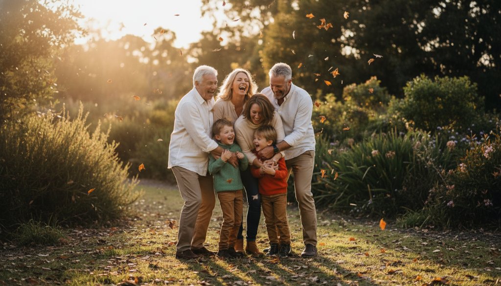 A vibrant, candid photography Cranbourne West capturing authentic joy of a family laughing spontaneously at Cranbourne West wetlands, bathed in warm golden hour light, portraying a genuine epic moment of connection.