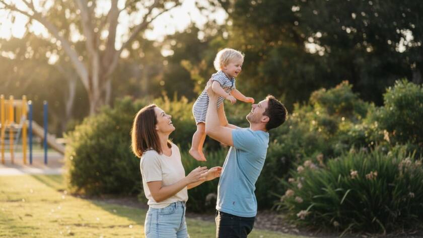 An emotional, candid photo from Noble Park North capturing genuine moments of a family laughing joyfully during a picnic at Ross Reserve, dramatic golden hour light, professional colour grading.