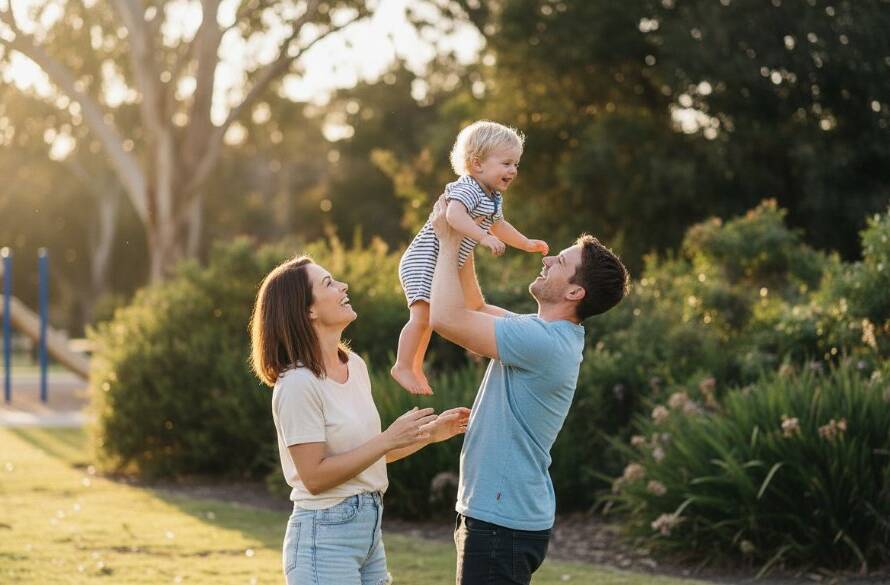 An emotional, candid photo from Noble Park North capturing genuine moments of a family laughing joyfully during a picnic at Ross Reserve, dramatic golden hour light, professional colour grading.