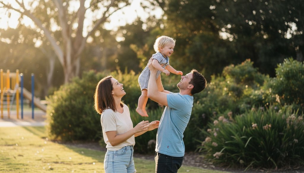 An emotional, candid photo from Noble Park North capturing genuine moments of a family laughing joyfully during a picnic at Ross Reserve, dramatic golden hour light, professional colour grading.