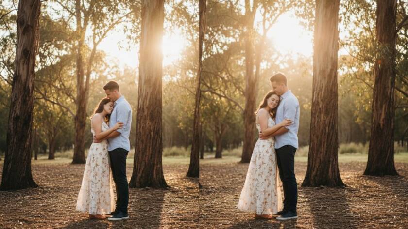A couple shares a tender, candid moment during their Candid Pre-Wedding Photography Heatherdale Victoria shoot, bathed in golden hour light with eucalyptus trees in the background, embodying pure joy and anticipation.