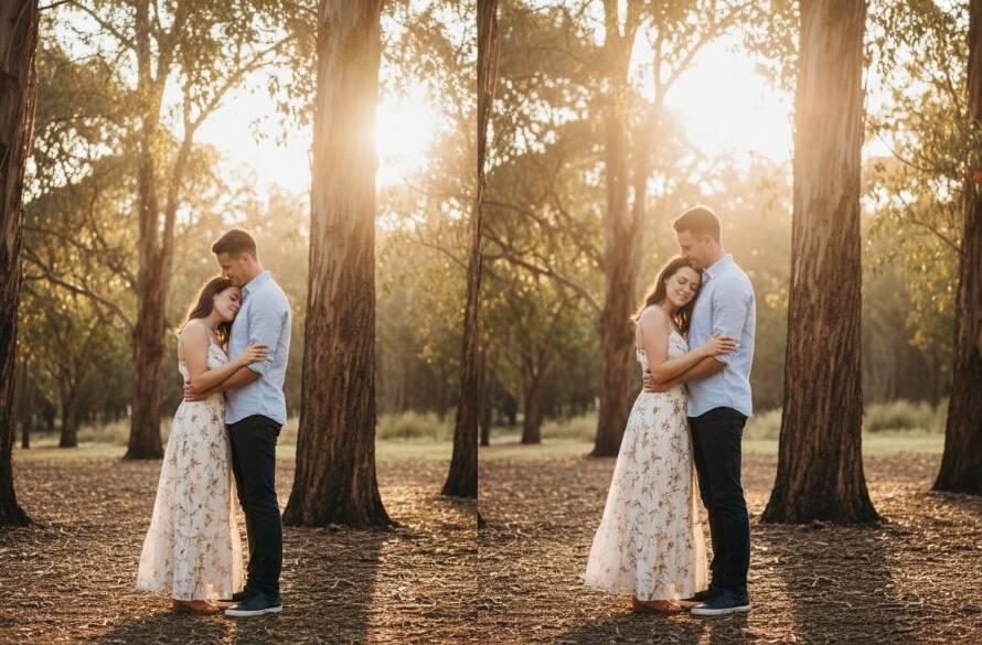 A couple shares a tender, candid moment during their Candid Pre-Wedding Photography Heatherdale Victoria shoot, bathed in golden hour light with eucalyptus trees in the background, embodying pure joy and anticipation.