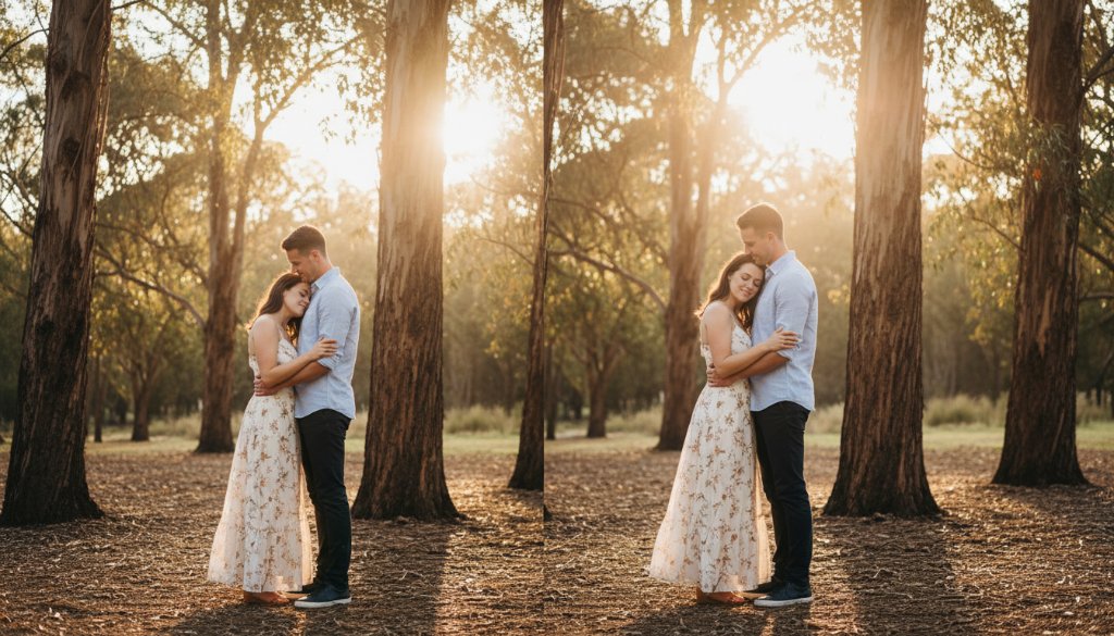 A couple shares a tender, candid moment during their Candid Pre-Wedding Photography Heatherdale Victoria shoot, bathed in golden hour light with eucalyptus trees in the background, embodying pure joy and anticipation.