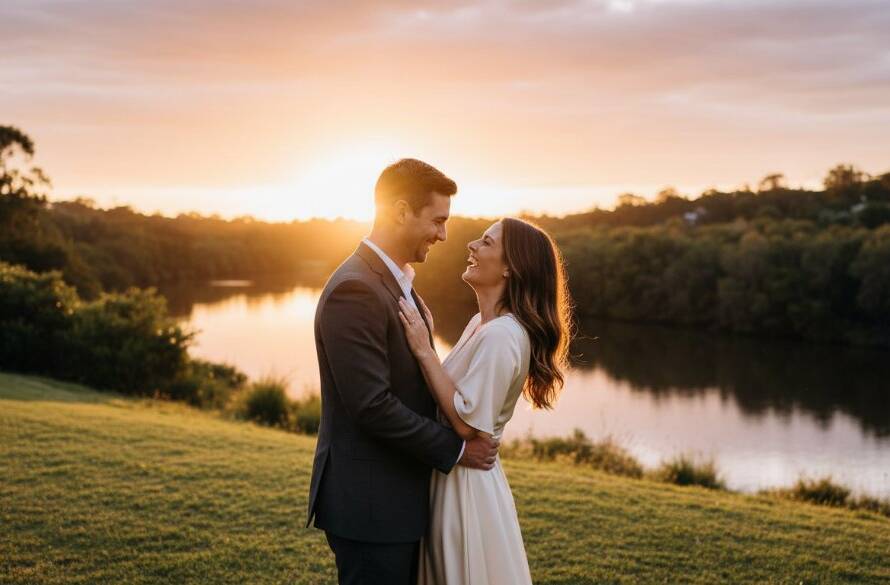 A couple shares a tender, candid embrace during their pre-wedding photoshoot in Templestowe Lower VIC, bathed in soft, golden hour light near the Yarra River's serene banks, evoking a timeless, romantic atmosphere.