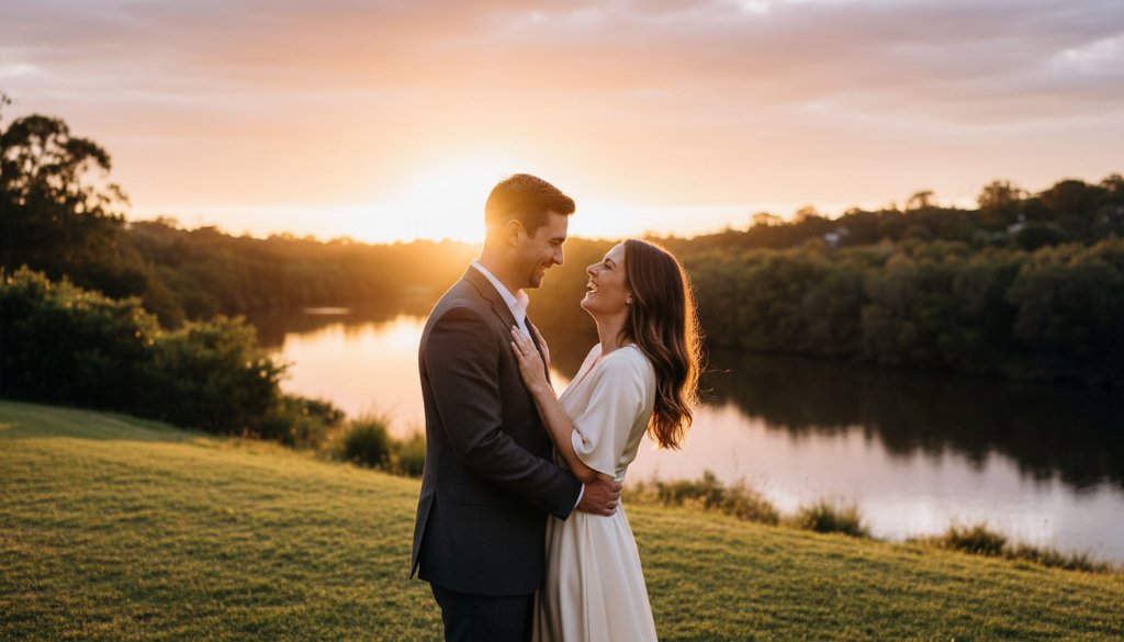 A couple shares a tender, candid embrace during their pre-wedding photoshoot in Templestowe Lower VIC, bathed in soft, golden hour light near the Yarra River's serene banks, evoking a timeless, romantic atmosphere.