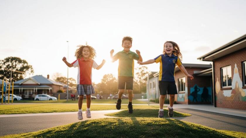 An epic moment of candid primary school photography Burwood VIC, featuring a group of primary school children laughing joyfully on the playground under the warm afternoon sun, with the iconic Burwood skyline subtly in the background, professional and vibrant.