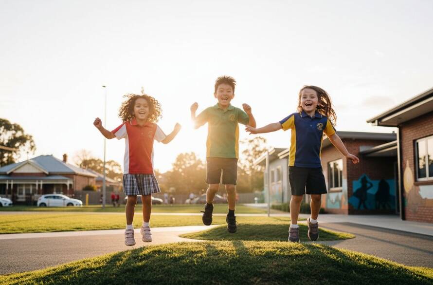 An epic moment of candid primary school photography Burwood VIC, featuring a group of primary school children laughing joyfully on the playground under the warm afternoon sun, with the iconic Burwood skyline subtly in the background, professional and vibrant.